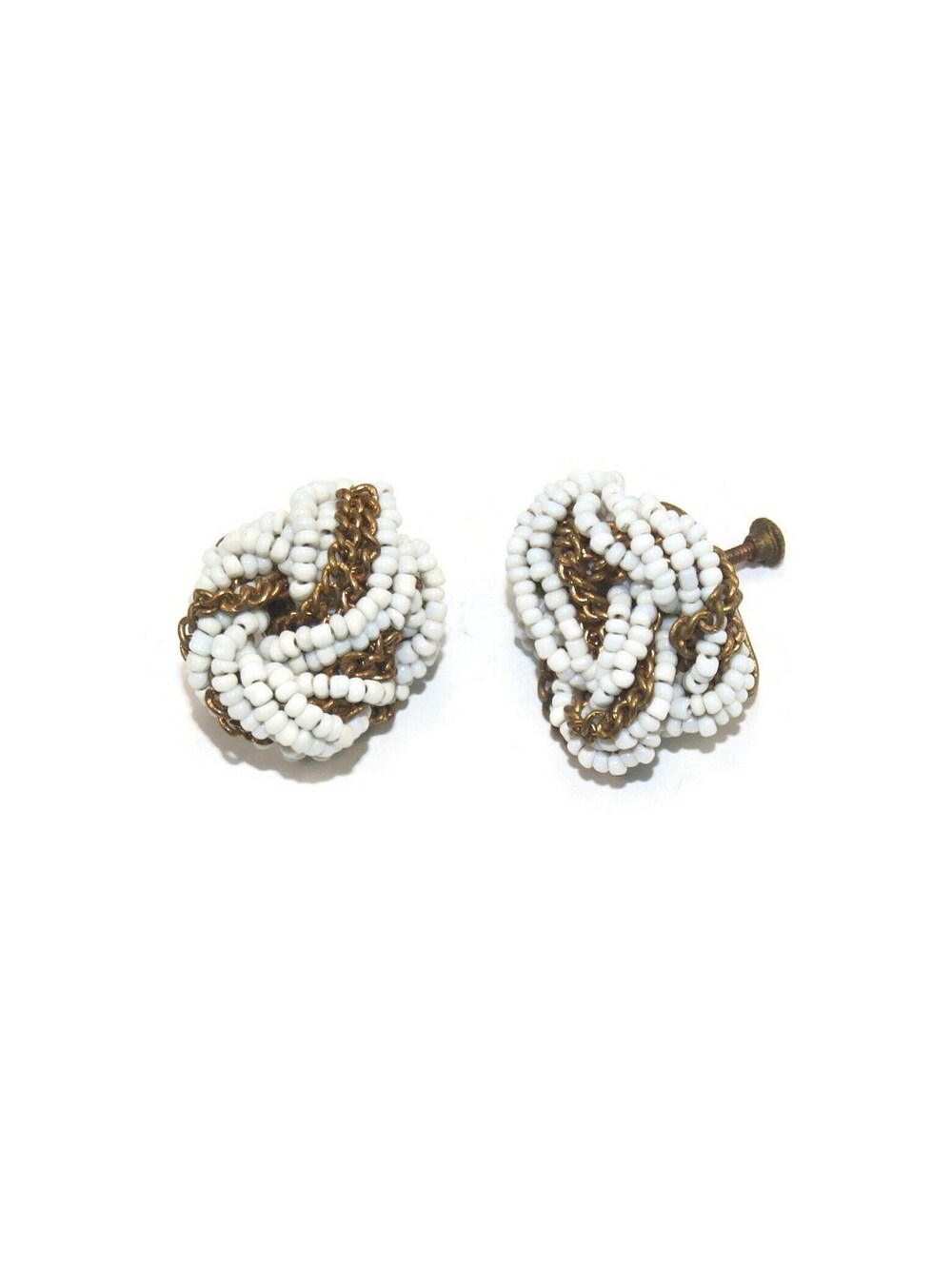 Vintage Interwoven Gold Tone Chain and White Beads Screw Back Earrings.